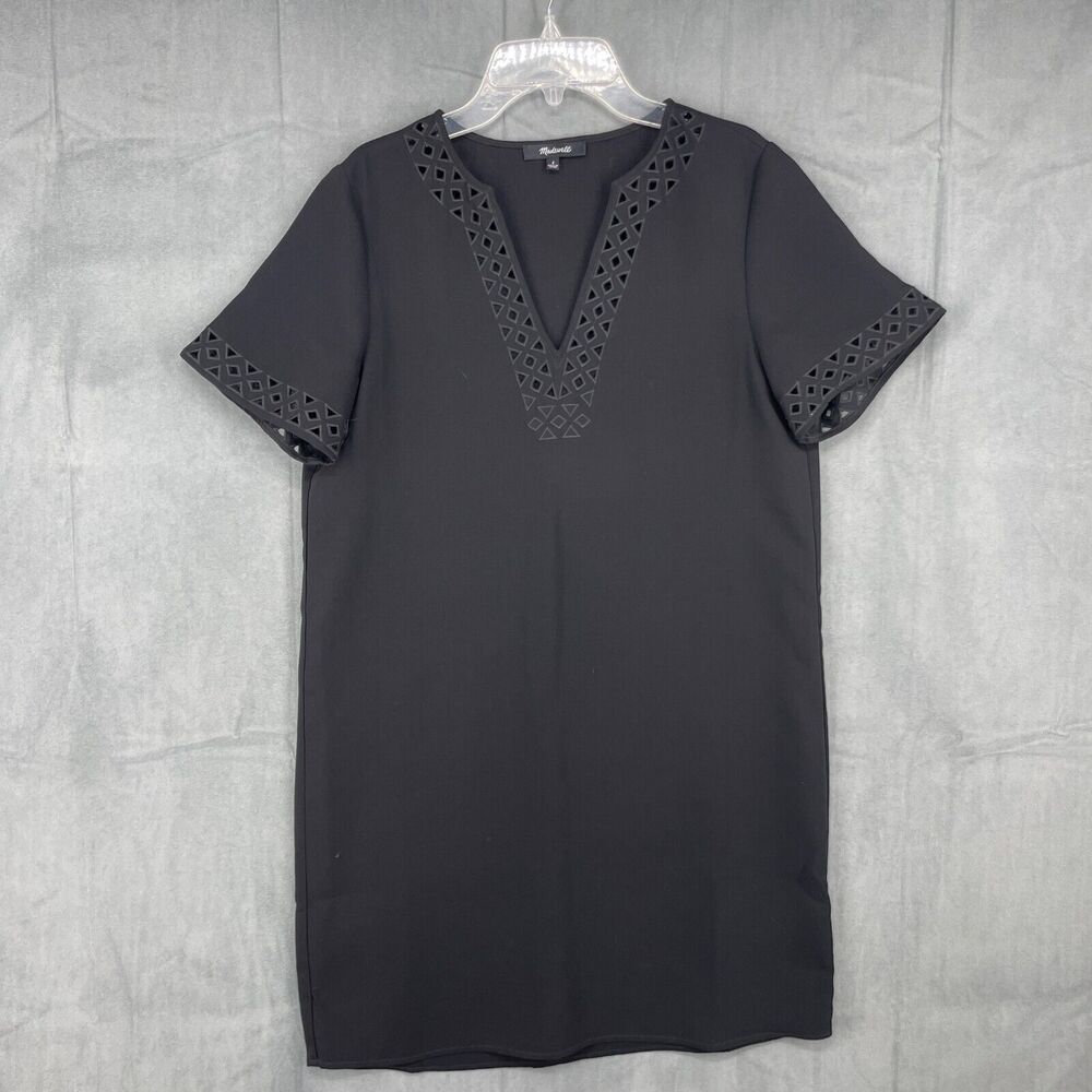 Madewell Dress Womens 2 Black Laser Cut Short Sleeve V-Neck A-Line Short Length